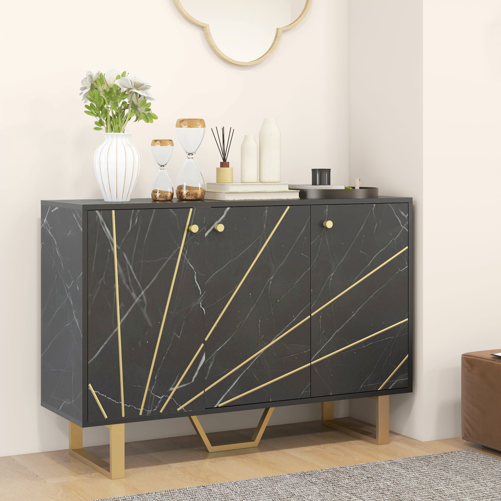 Modern Sideboard Living Room Sideboard with 2 Doors and Adjustable Shelf Auxiliary Furniture for Living Room with Marble Effect Anti-Tip 107x35x75 cm Black and Gold