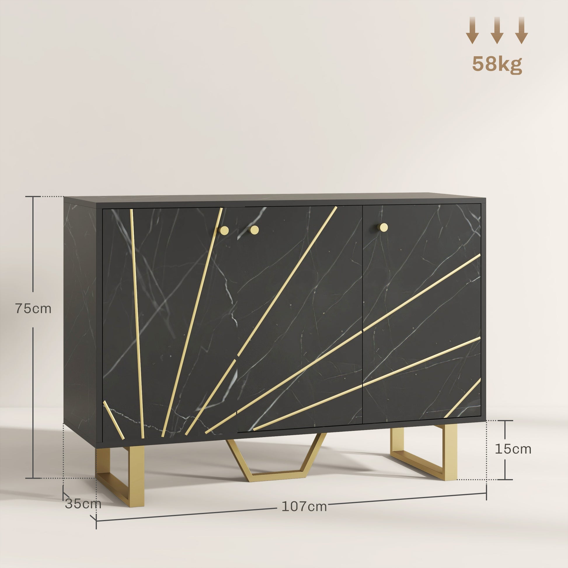 Modern Sideboard Living Room Sideboard with 2 Doors and Adjustable Shelf Auxiliary Furniture for Living Room with Marble Effect Anti-Tip 107x35x75 cm Black and Gold