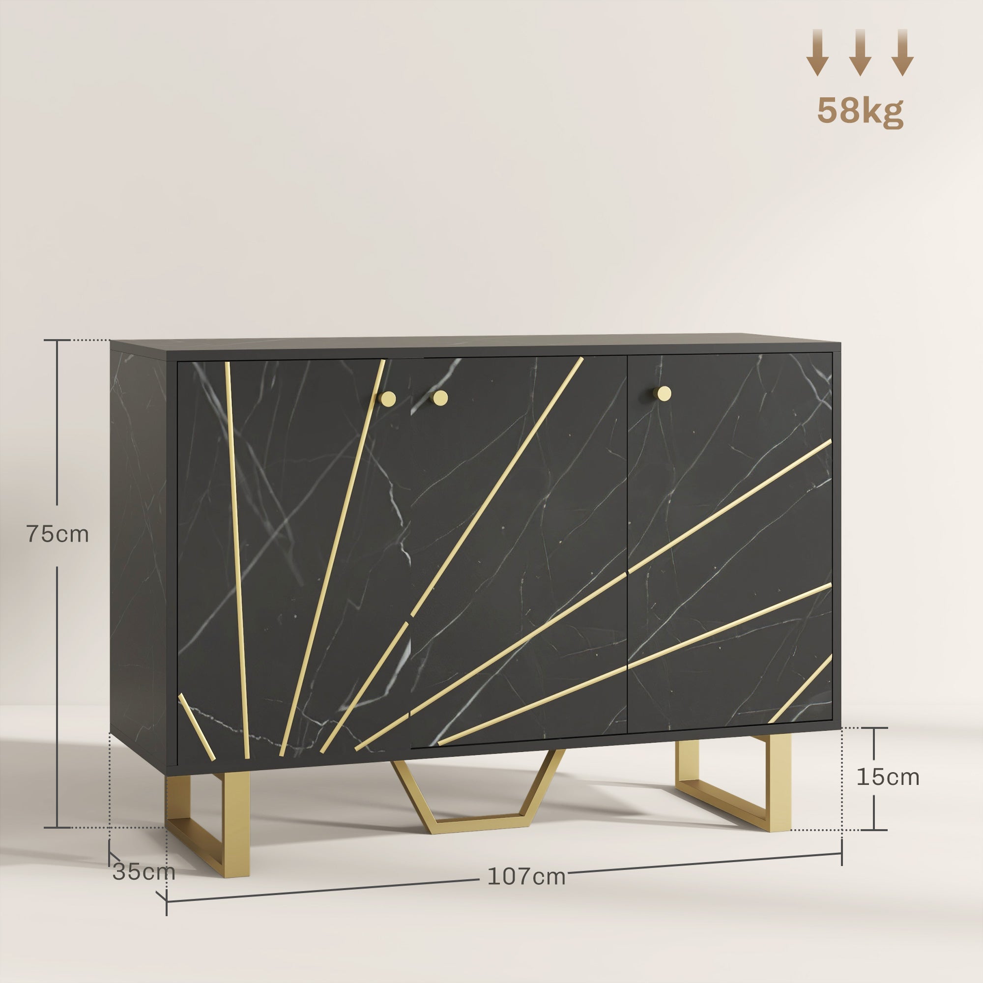 Modern Sideboard Living Room Sideboard with 2 Doors and Adjustable Shelf Auxiliary Furniture for Living Room with Marble Effect Anti-Tip 107x35x75 cm Black and Gold