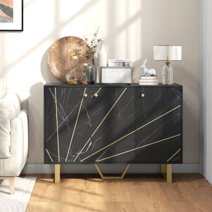 Modern Sideboard Living Room Sideboard with 2 Doors and Adjustable Shelf Auxiliary Furniture for Living Room with Marble Effect Anti-Tip 107x35x75 cm Black and Gold