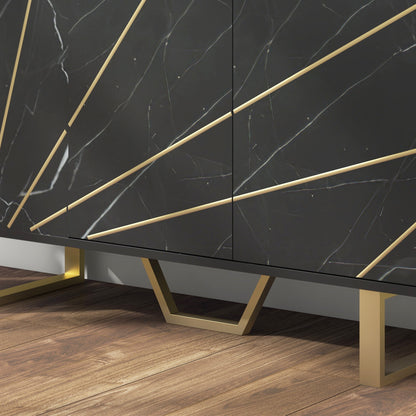 Modern Sideboard Living Room Sideboard with 2 Doors and Adjustable Shelf Auxiliary Furniture for Living Room with Marble Effect Anti-Tip 107x35x75 cm Black and Gold