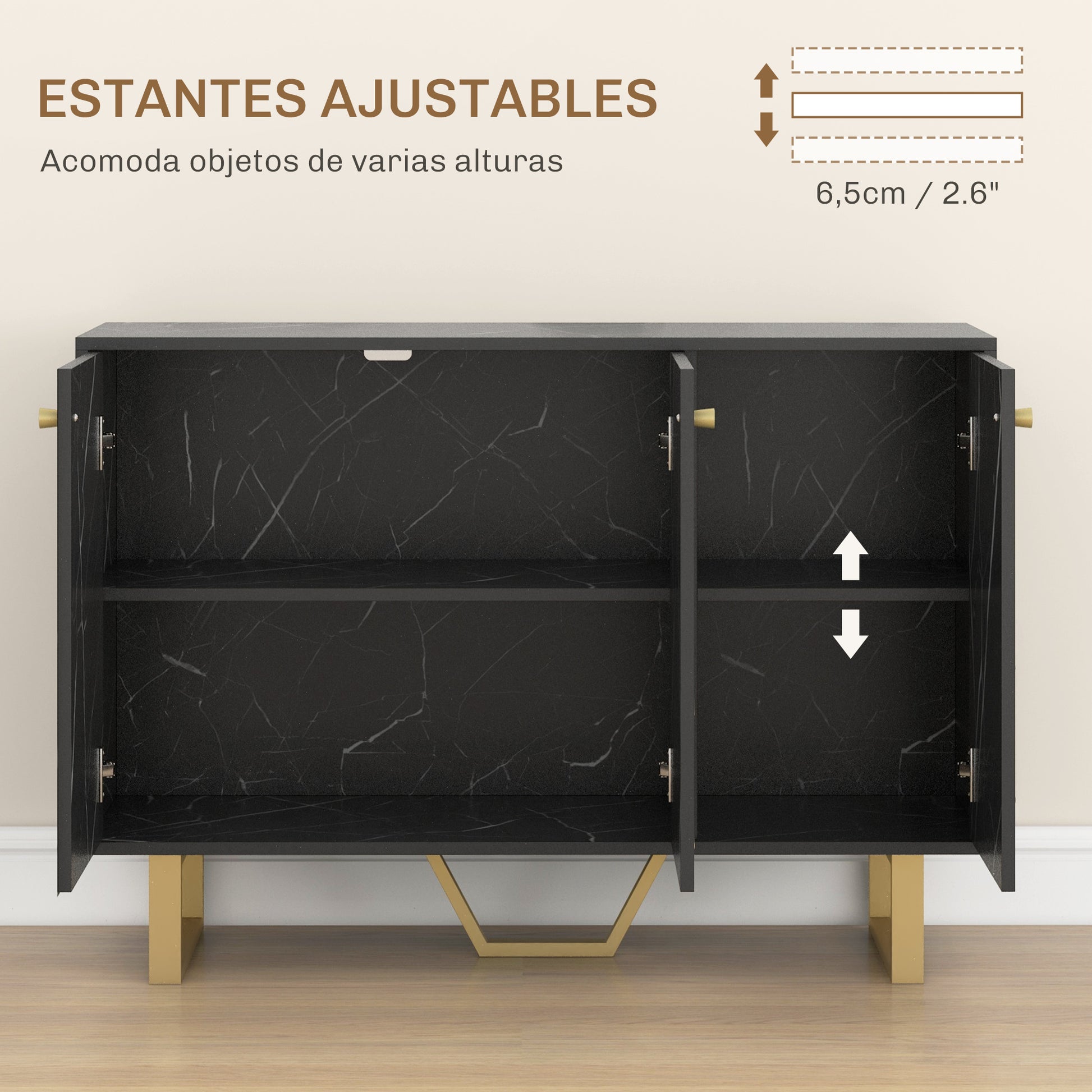 Modern Sideboard Living Room Sideboard with 2 Doors and Adjustable Shelf Auxiliary Furniture for Living Room with Marble Effect Anti-Tip 107x35x75 cm Black and Gold