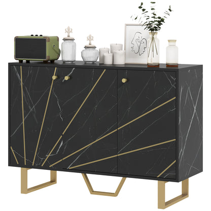 Modern Sideboard Living Room Sideboard with 2 Doors and Adjustable Shelf Auxiliary Furniture for Living Room with Marble Effect Anti-Tip 107x35x75 cm Black and Gold