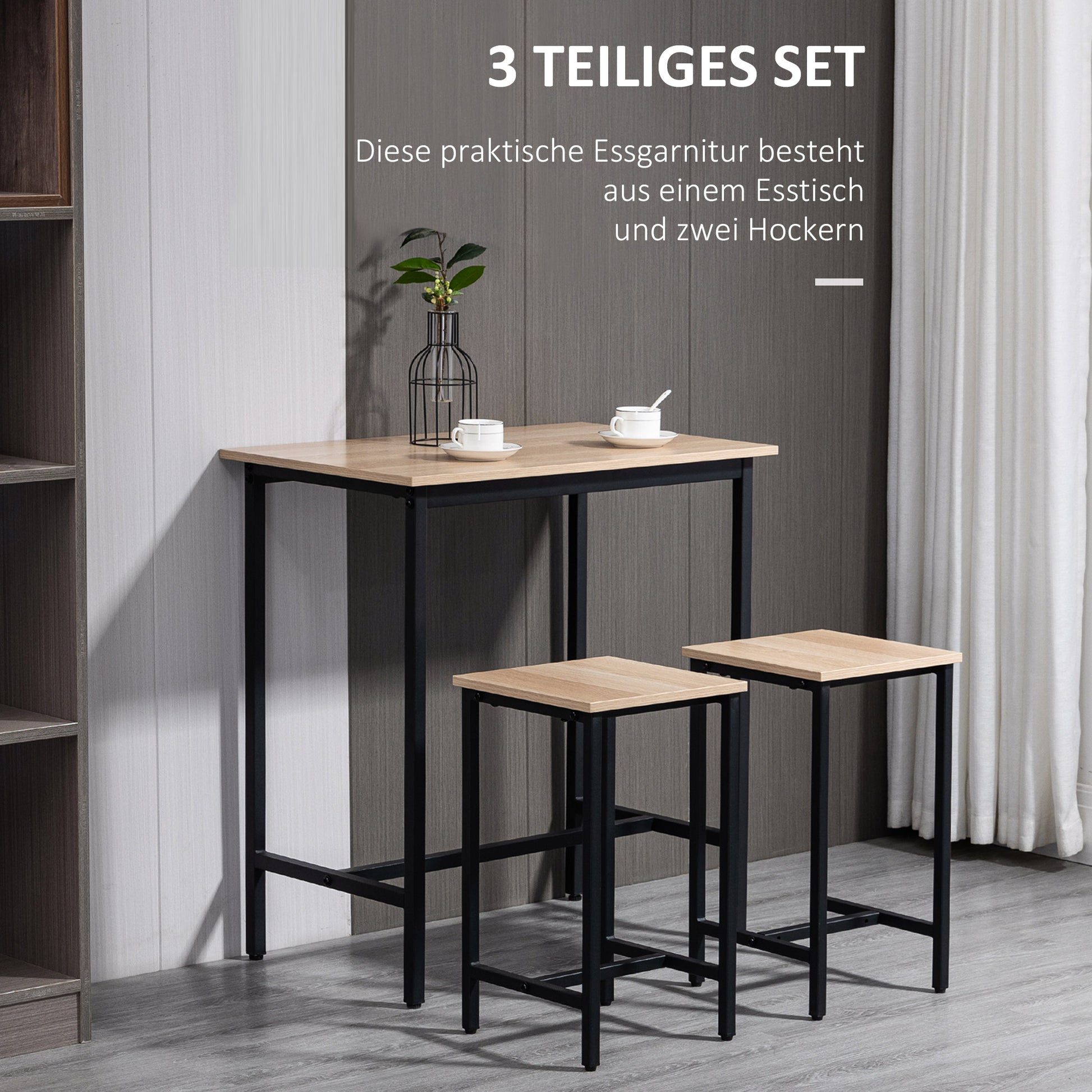 3-Piece Dining Group Bar Table with 2 Chairs Dining Set Bar Table Set for Kitchen Dining Room Bistro Industrial Design Particle Board Steel Frame Natural Wood+Black 80 x 50 x 85 cm