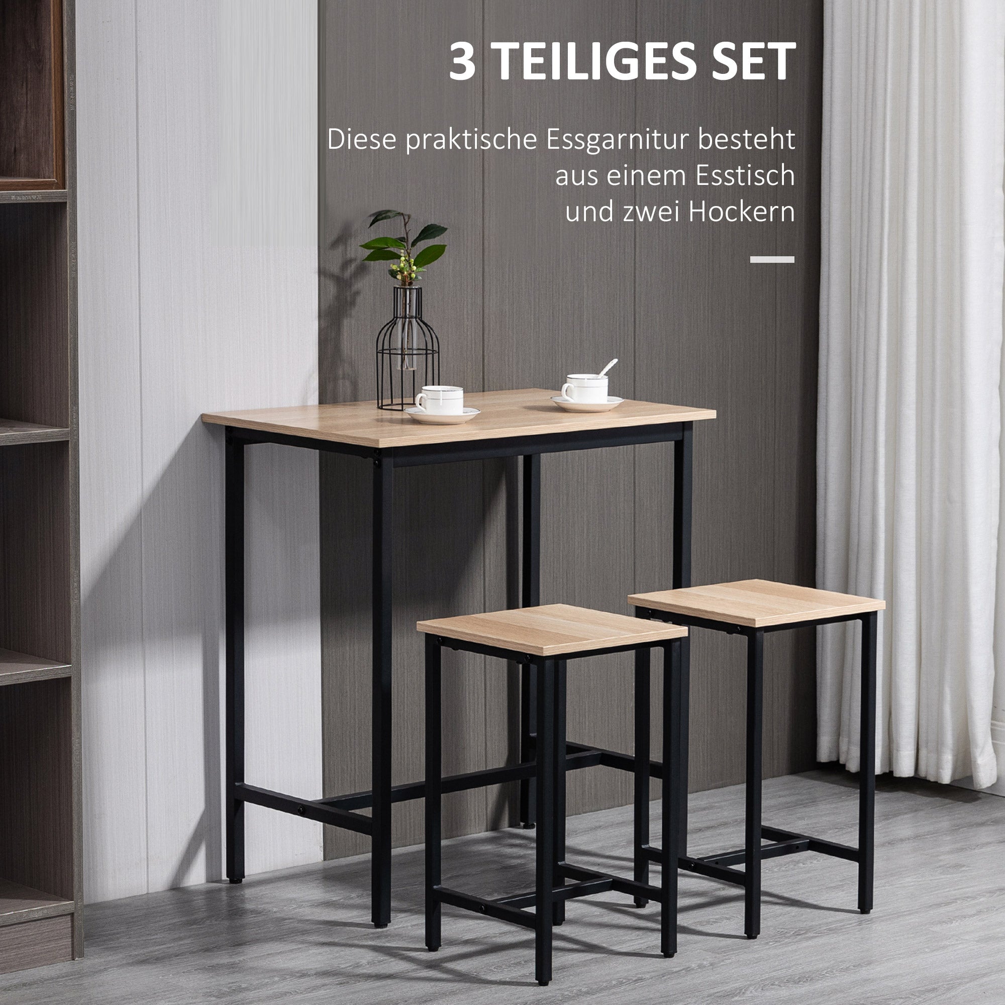 3-Piece Dining Group Bar Table with 2 Chairs Dining Set Bar Table Set for Kitchen Dining Room Bistro Industrial Design Particle Board Steel Frame Natural Wood+Black 80 x 50 x 85 cm