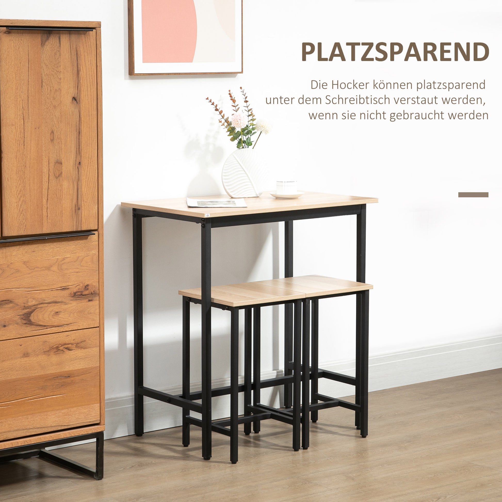 3-Piece Dining Group Bar Table with 2 Chairs Dining Set Bar Table Set for Kitchen Dining Room Bistro Industrial Design Particle Board Steel Frame Natural Wood+Black 80 x 50 x 85 cm