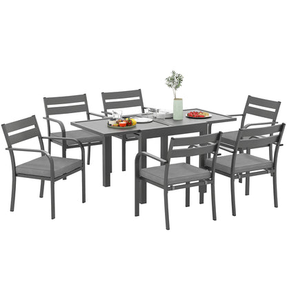 7-Piece Garden Table Set with Extendable Table, 6 Stackable Outdoor Armchairs with Cushions, Steel Aluminum Slatted Furniture Set, Gray