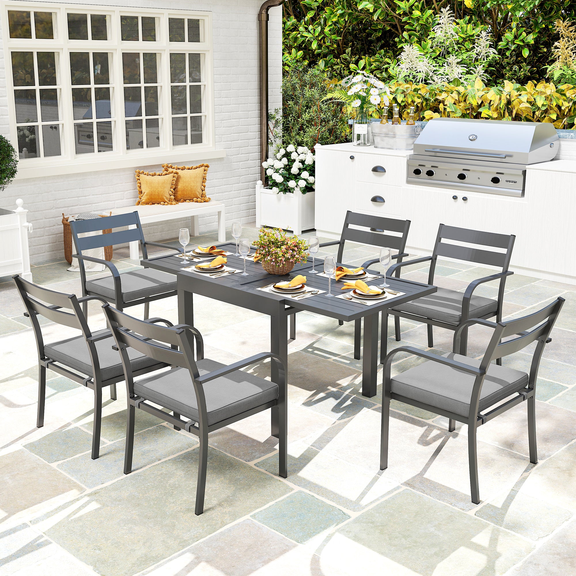 7-Piece Garden Table Set with Extendable Table, 6 Stackable Outdoor Armchairs with Cushions, Steel Aluminum Slatted Furniture Set, Gray