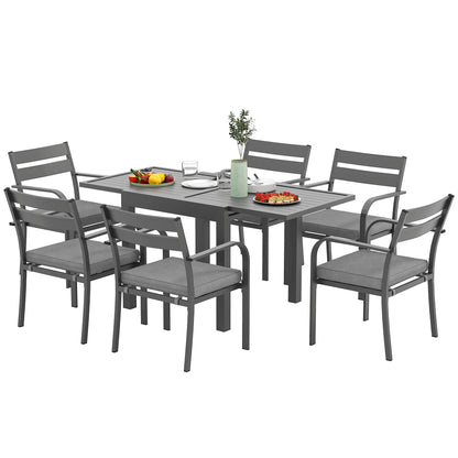 7-Piece Garden Table Set with Extendable Table, 6 Stackable Outdoor Armchairs with Cushions, Steel Aluminum Slatted Furniture Set, Gray