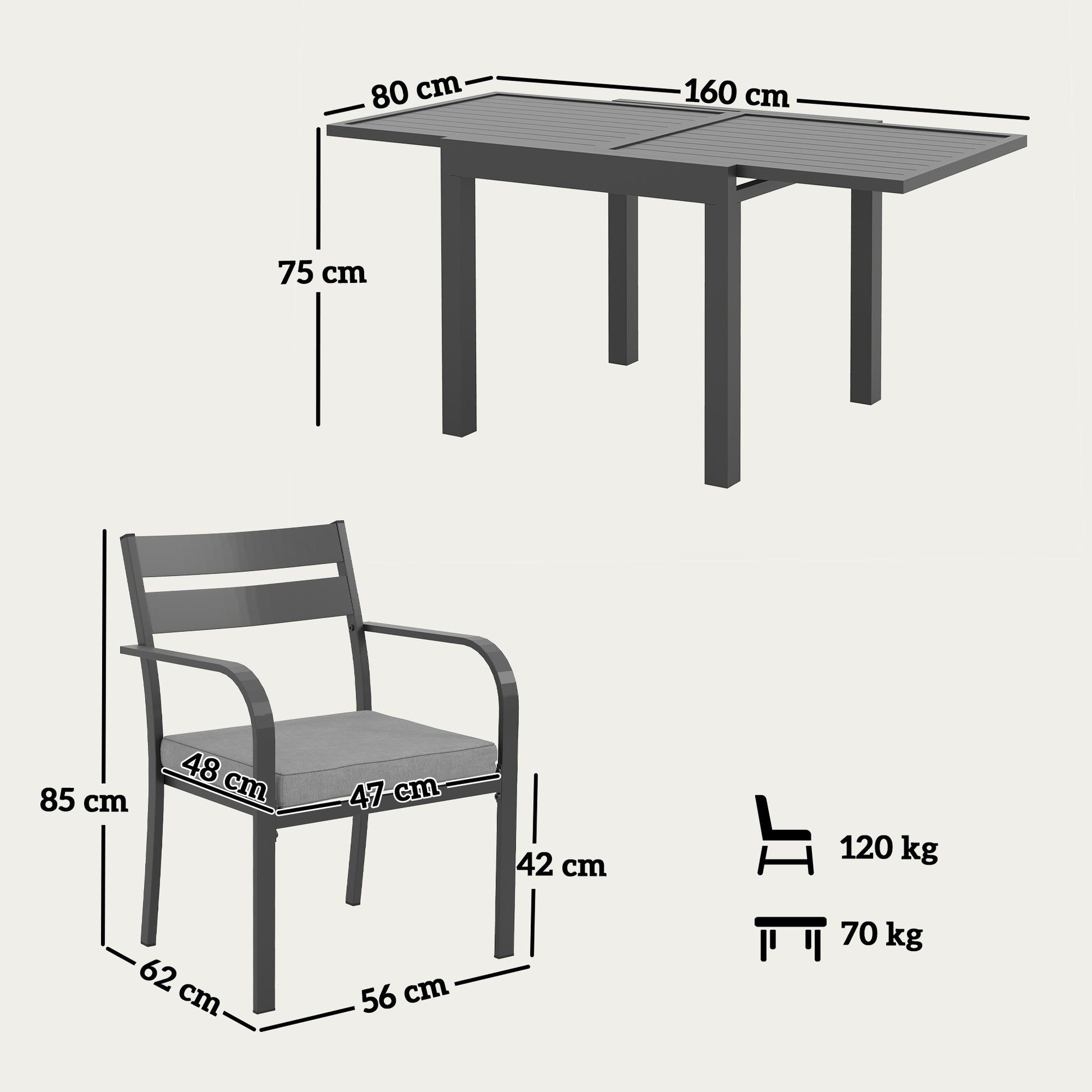 7-Piece Garden Table Set with Extendable Table, 6 Stackable Outdoor Armchairs with Cushions, Steel Aluminum Slatted Furniture Set, Gray