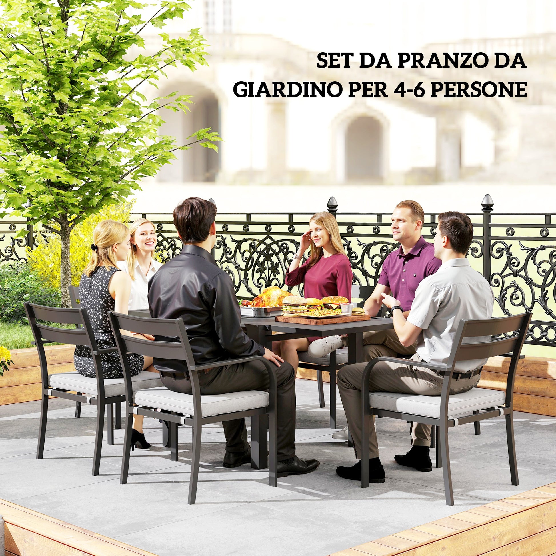 7-Piece Garden Table Set with Extendable Table, 6 Stackable Outdoor Armchairs with Cushions, Steel Aluminum Slatted Furniture Set, Gray