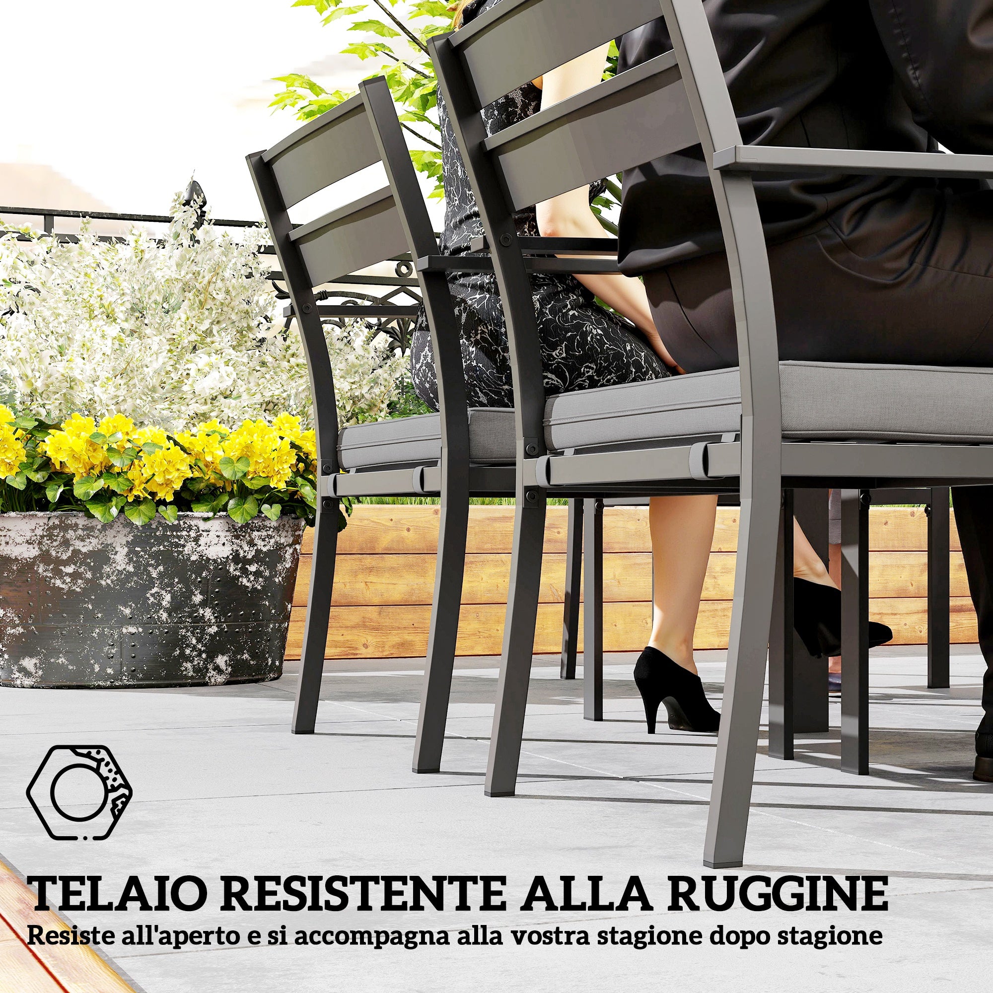 7-Piece Garden Table Set with Extendable Table, 6 Stackable Outdoor Armchairs with Cushions, Steel Aluminum Slatted Furniture Set, Gray