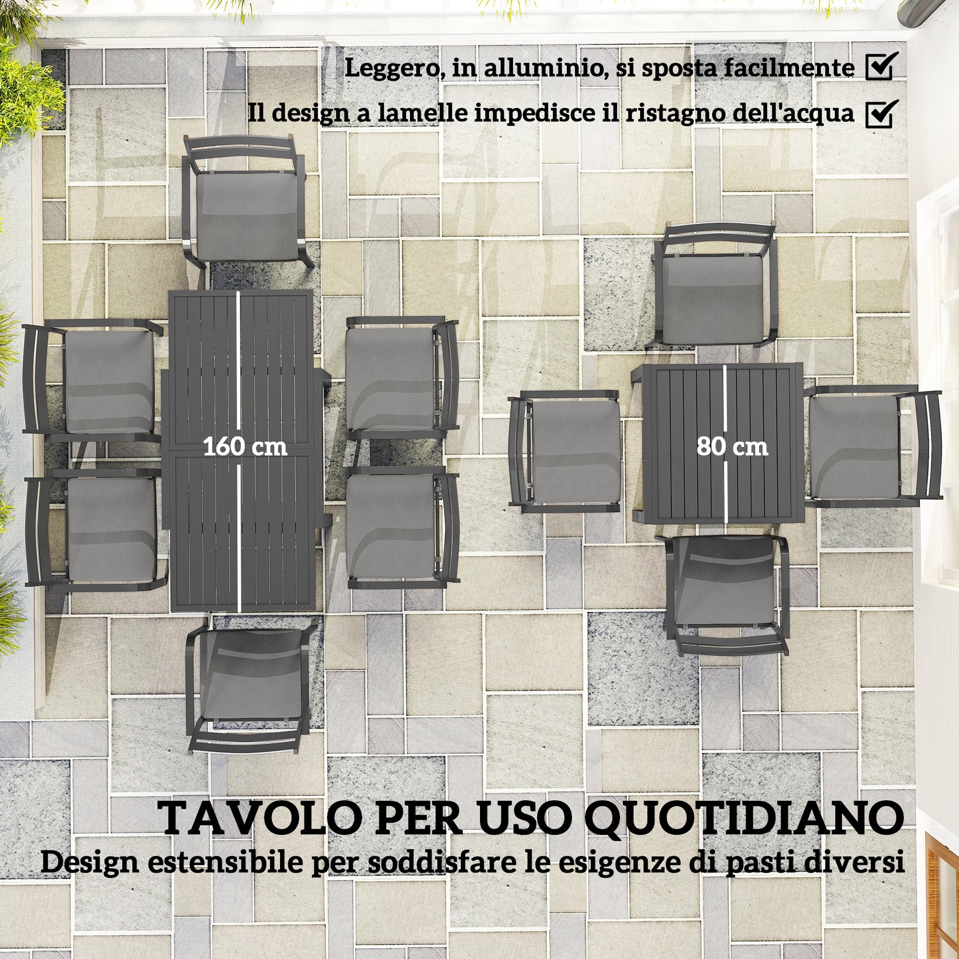 7-Piece Garden Table Set with Extendable Table, 6 Stackable Outdoor Armchairs with Cushions, Steel Aluminum Slatted Furniture Set, Gray