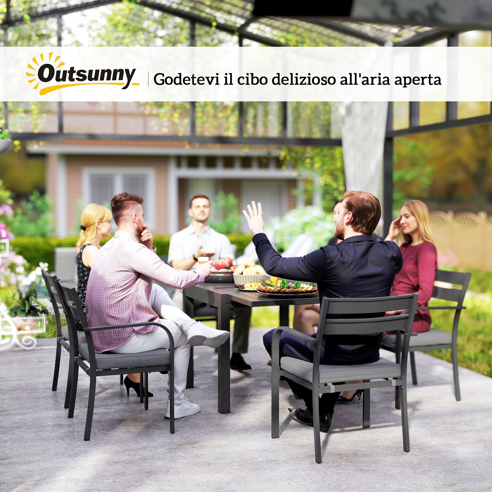 7-Piece Garden Table Set with Extendable Table, 6 Stackable Outdoor Armchairs with Cushions, Steel Aluminum Slatted Furniture Set, Gray