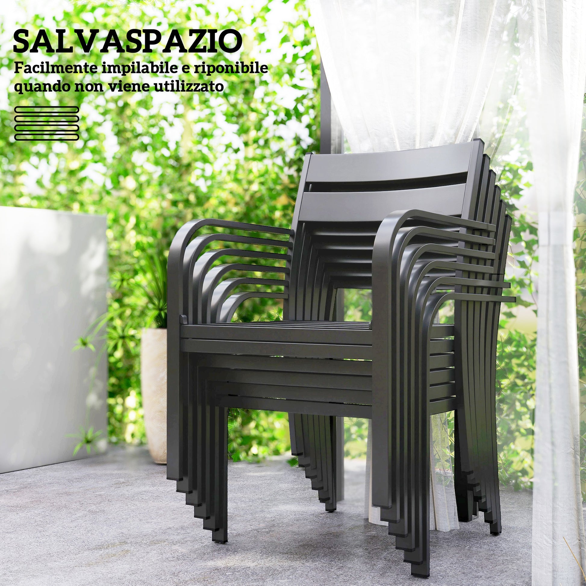 7-Piece Garden Table Set with Extendable Table, 6 Stackable Outdoor Armchairs with Cushions, Steel Aluminum Slatted Furniture Set, Gray