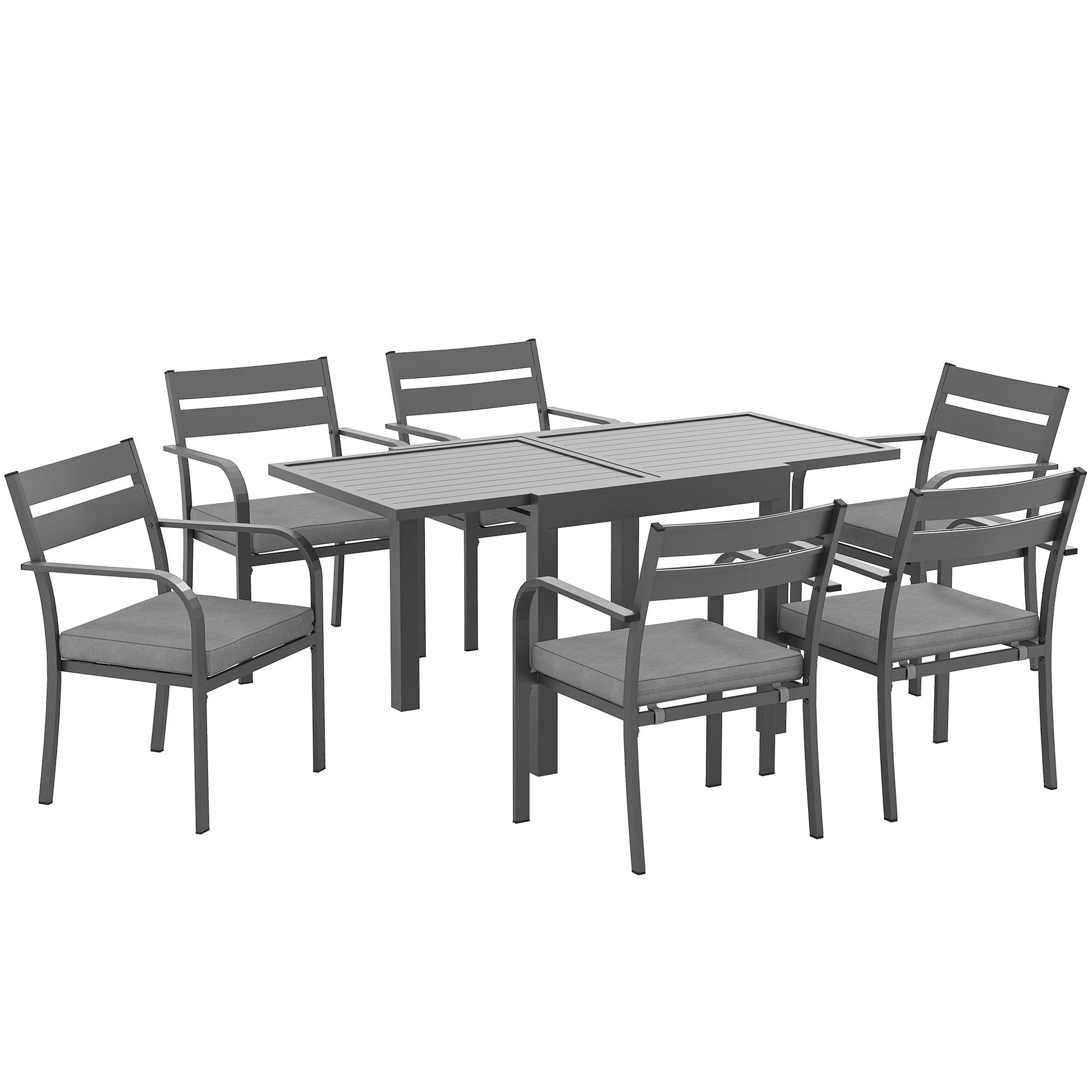 7-Piece Garden Table Set with Extendable Table, 6 Stackable Outdoor Armchairs with Cushions, Steel Aluminum Slatted Furniture Set, Gray