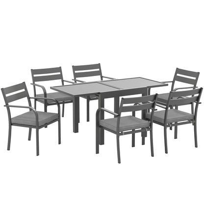 7-Piece Garden Table Set with Extendable Table, 6 Stackable Outdoor Armchairs with Cushions, Steel Aluminum Slatted Furniture Set, Gray
