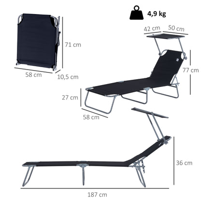 Folding Sun Lounger with Sun Protection Recliner with 4-Position Adjustable Backrest Camping Lounger Loadable up to 120kg for Garden, Balcony, and Pool, 6 Colors (Black)