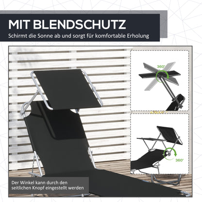 Folding Sun Lounger with Sun Protection Recliner with 4-Position Adjustable Backrest Camping Lounger Loadable up to 120kg for Garden, Balcony, and Pool, 6 Colors (Black)