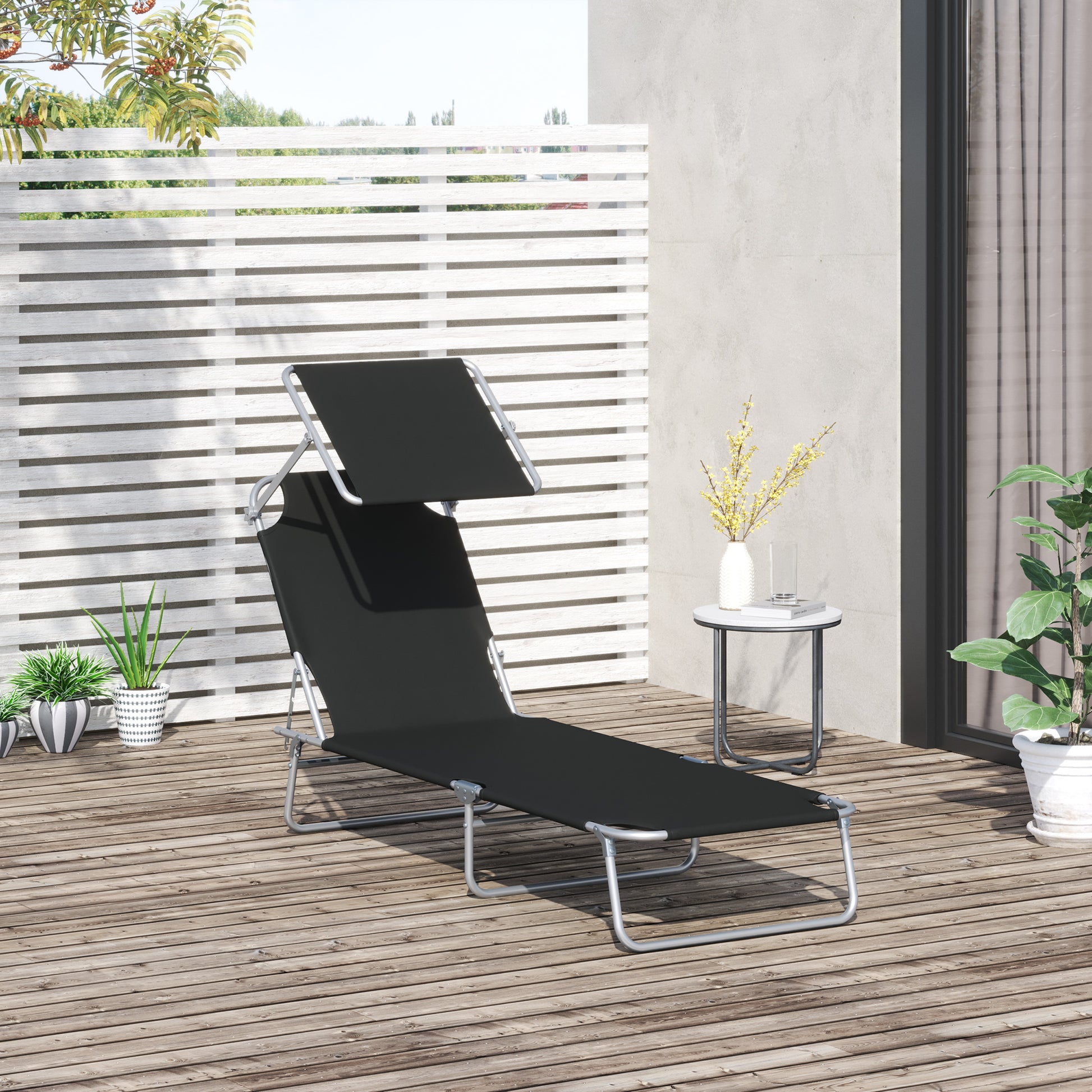 Folding Sun Lounger with Sun Protection Recliner with 4-Position Adjustable Backrest Camping Lounger Loadable up to 120kg for Garden, Balcony, and Pool, 6 Colors (Black)
