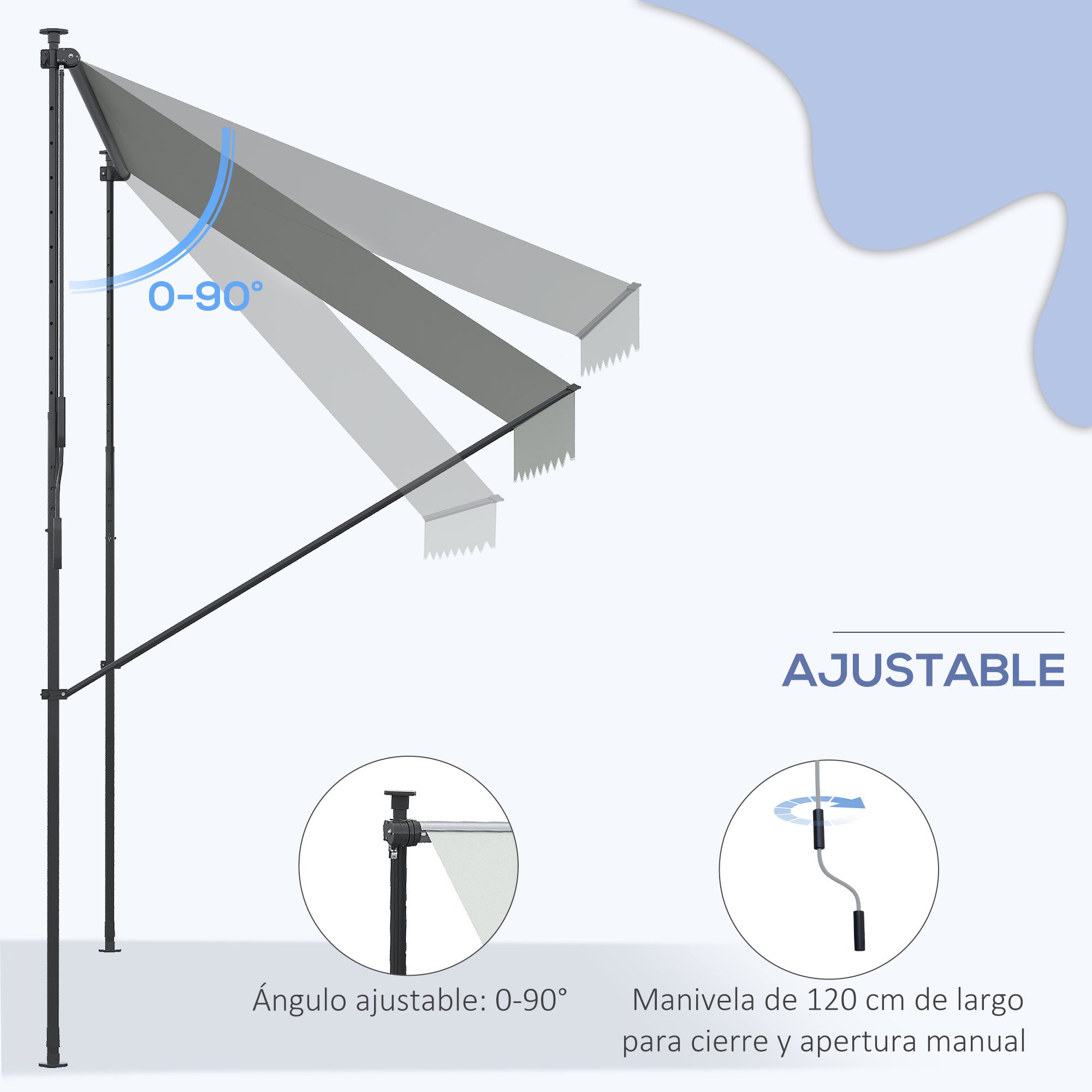 Retractable Manual Awning 200x1.75 m Exterior Terrace Roll-up Awning Adjustable Height with Crank 210-310 cm No Drill for Balcony Garden Gray