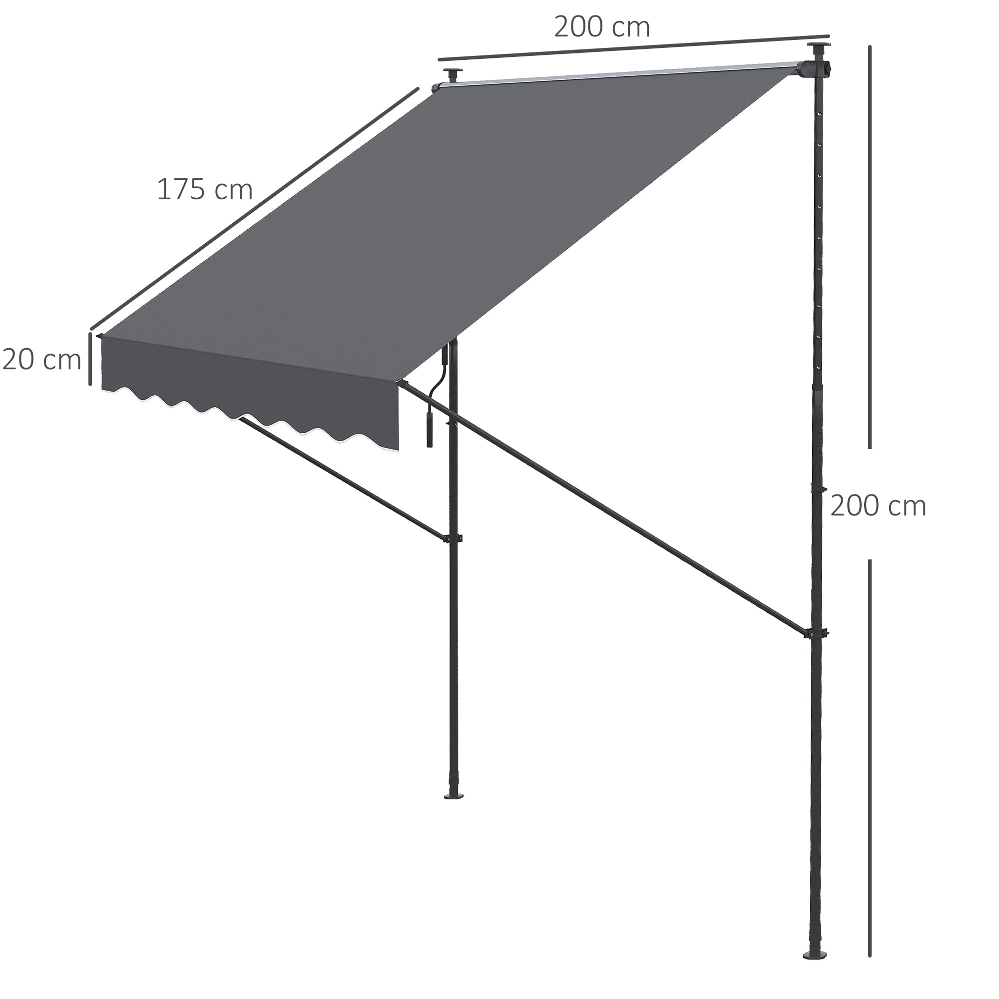 Retractable Manual Awning 200x1.75 m Exterior Terrace Roll-up Awning Adjustable Height with Crank 210-310 cm No Drill for Balcony Garden Gray