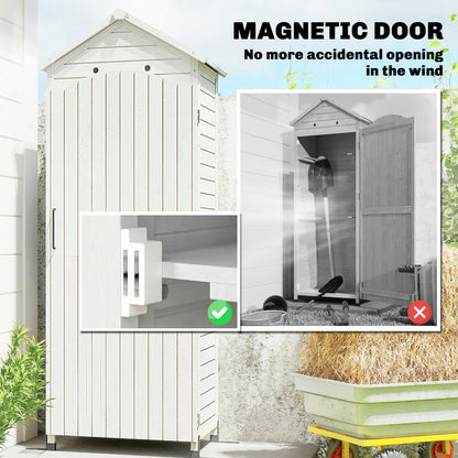 Tall Pine Garden Storage Cabinet with Adjustable Shelves, Magnetic Door & Galvanized Roof, 85 x 58 x 213 cm (33.5 x 22.8 x 84 in) — White