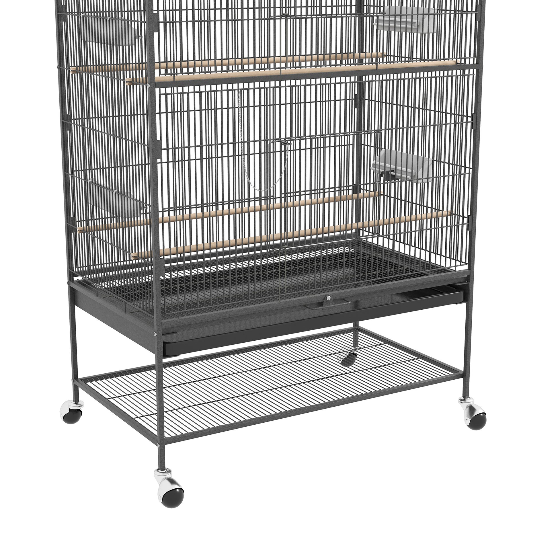 Birdcage Aviary with Perches, Birdhouse with Shelf, Bottom Tray, Doors, Wheels, for Small Birds, Steel, Gray, 94 x 57 x 153 cm