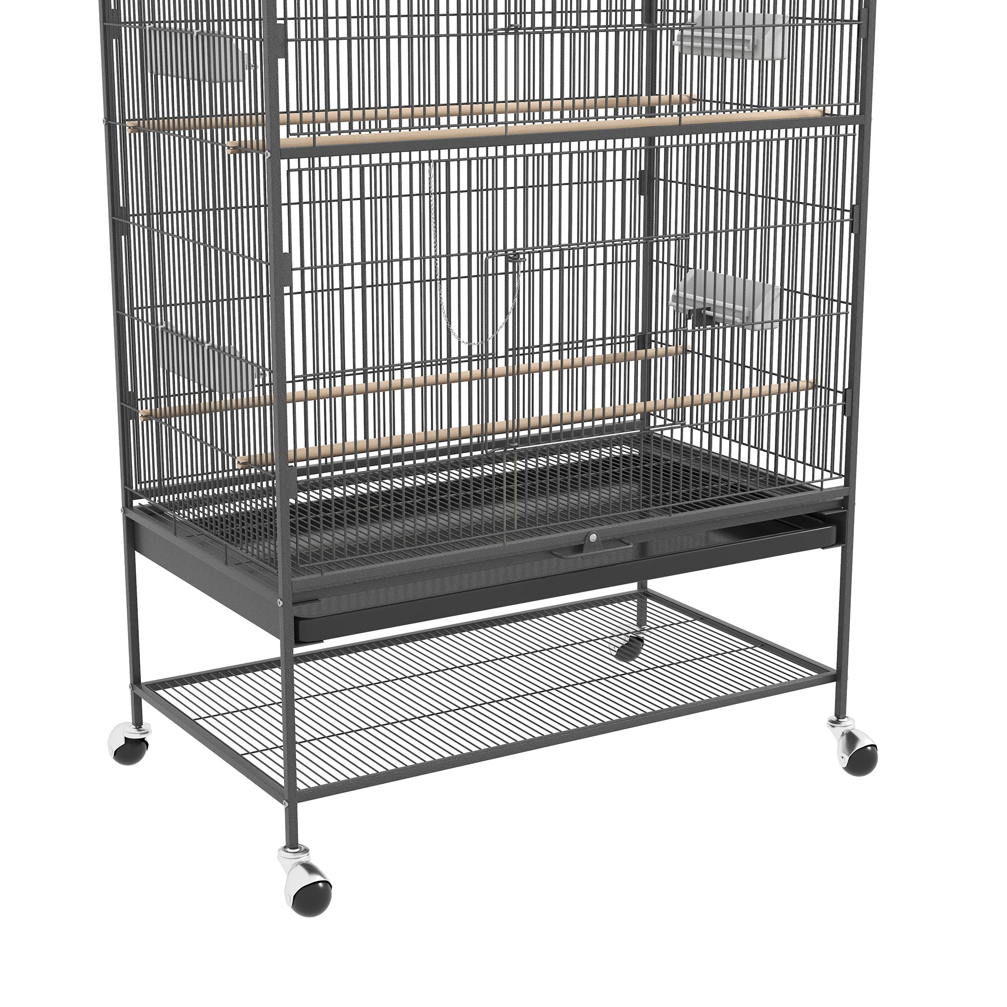 Birdcage Aviary with Perches, Birdhouse with Shelf, Bottom Tray, Doors, Wheels, for Small Birds, Steel, Gray, 94 x 57 x 153 cm