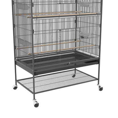 Birdcage Aviary with Perches, Birdhouse with Shelf, Bottom Tray, Doors, Wheels, for Small Birds, Steel, Gray, 94 x 57 x 153 cm