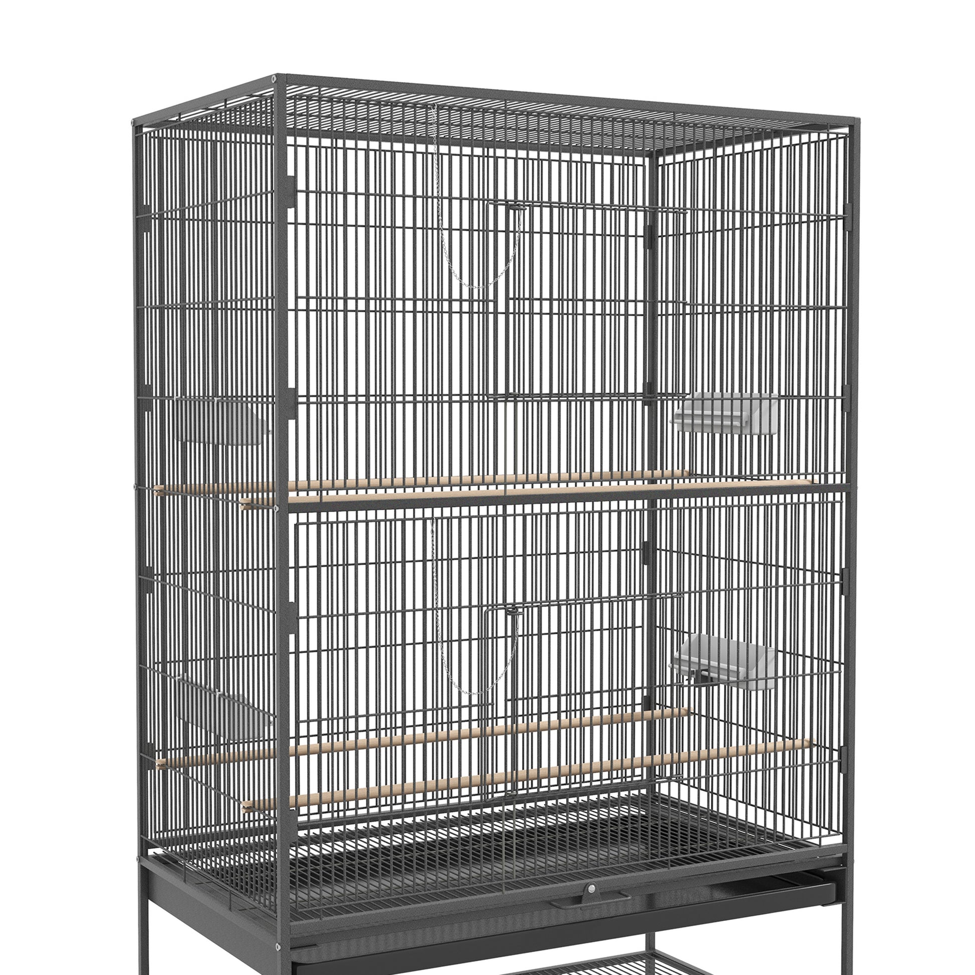 Birdcage Aviary with Perches, Birdhouse with Shelf, Bottom Tray, Doors, Wheels, for Small Birds, Steel, Gray, 94 x 57 x 153 cm