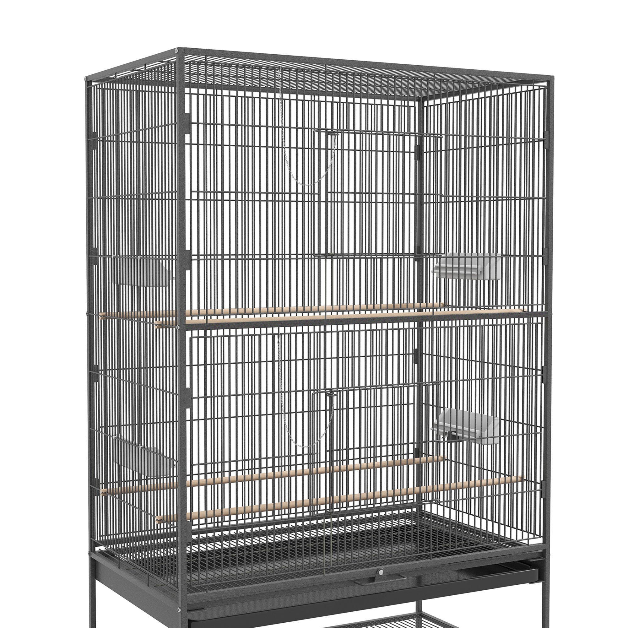 Birdcage Aviary with Perches, Birdhouse with Shelf, Bottom Tray, Doors, Wheels, for Small Birds, Steel, Gray, 94 x 57 x 153 cm