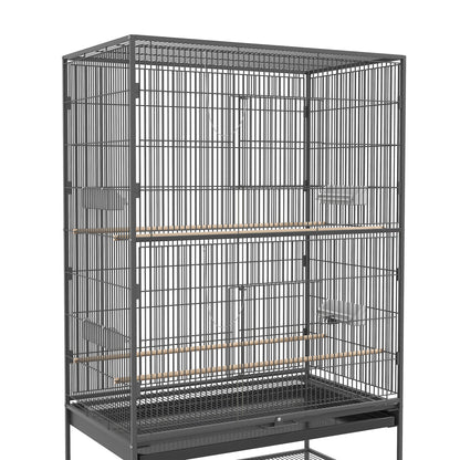 Birdcage Aviary with Perches, Birdhouse with Shelf, Bottom Tray, Doors, Wheels, for Small Birds, Steel, Gray, 94 x 57 x 153 cm