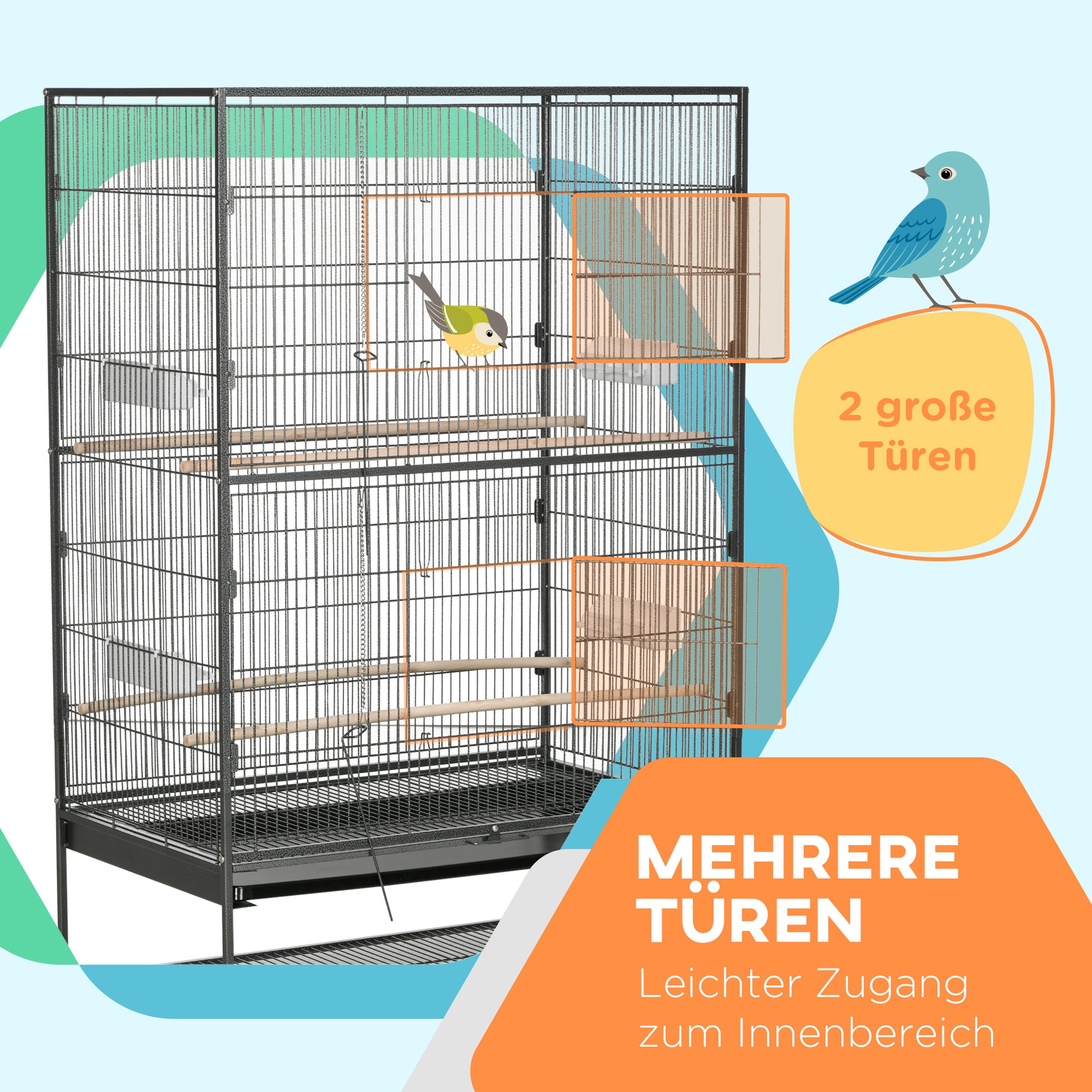 Birdcage Aviary with Perches, Birdhouse with Shelf, Bottom Tray, Doors, Wheels, for Small Birds, Steel, Gray, 94 x 57 x 153 cm