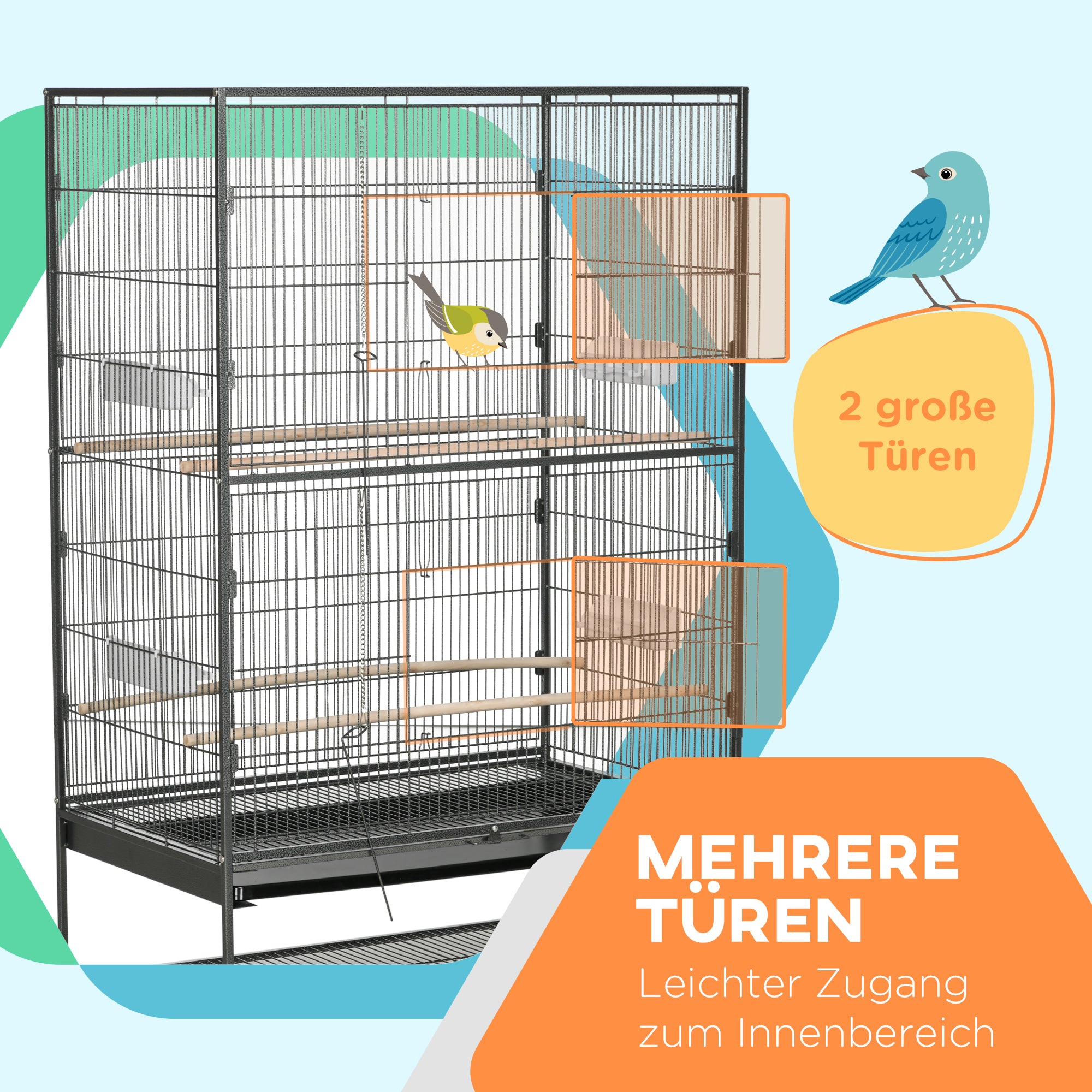 Birdcage Aviary with Perches, Birdhouse with Shelf, Bottom Tray, Doors, Wheels, for Small Birds, Steel, Gray, 94 x 57 x 153 cm