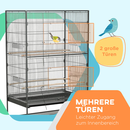 Birdcage Aviary with Perches, Birdhouse with Shelf, Bottom Tray, Doors, Wheels, for Small Birds, Steel, Gray, 94 x 57 x 153 cm