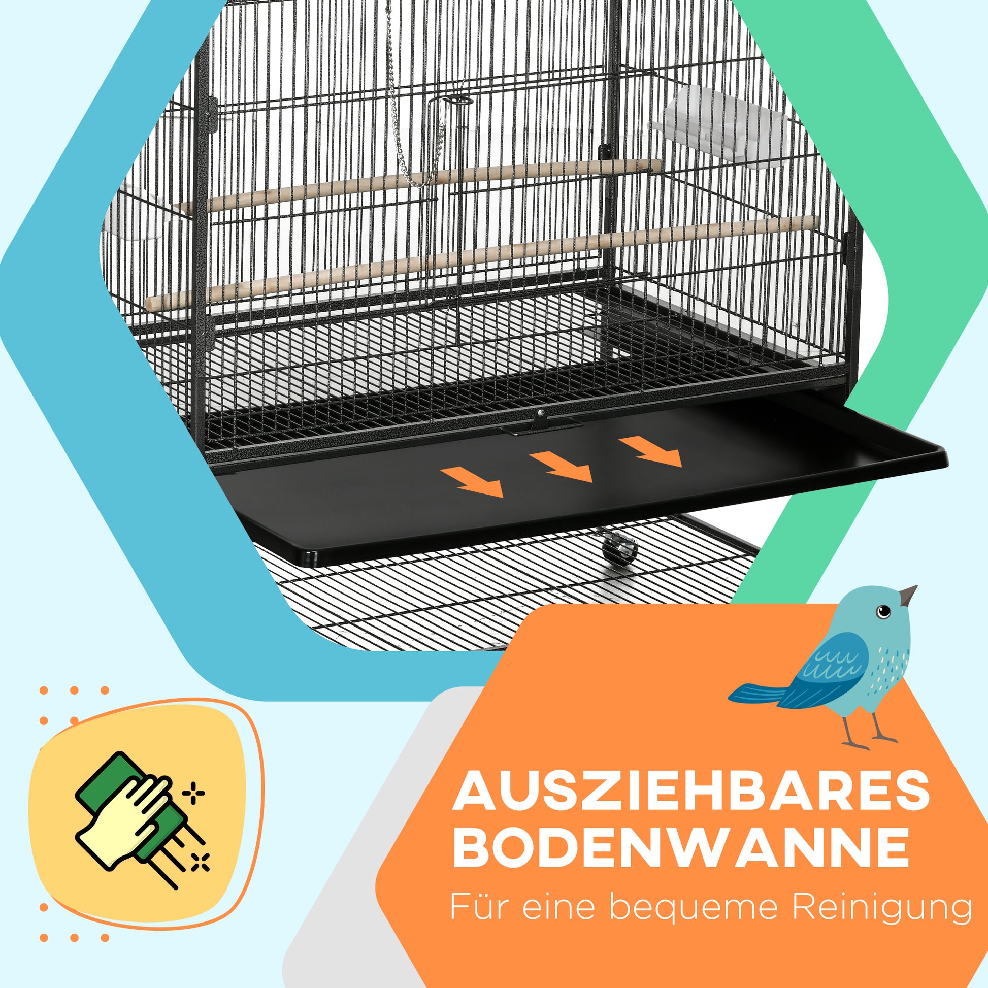 Birdcage Aviary with Perches, Birdhouse with Shelf, Bottom Tray, Doors, Wheels, for Small Birds, Steel, Gray, 94 x 57 x 153 cm