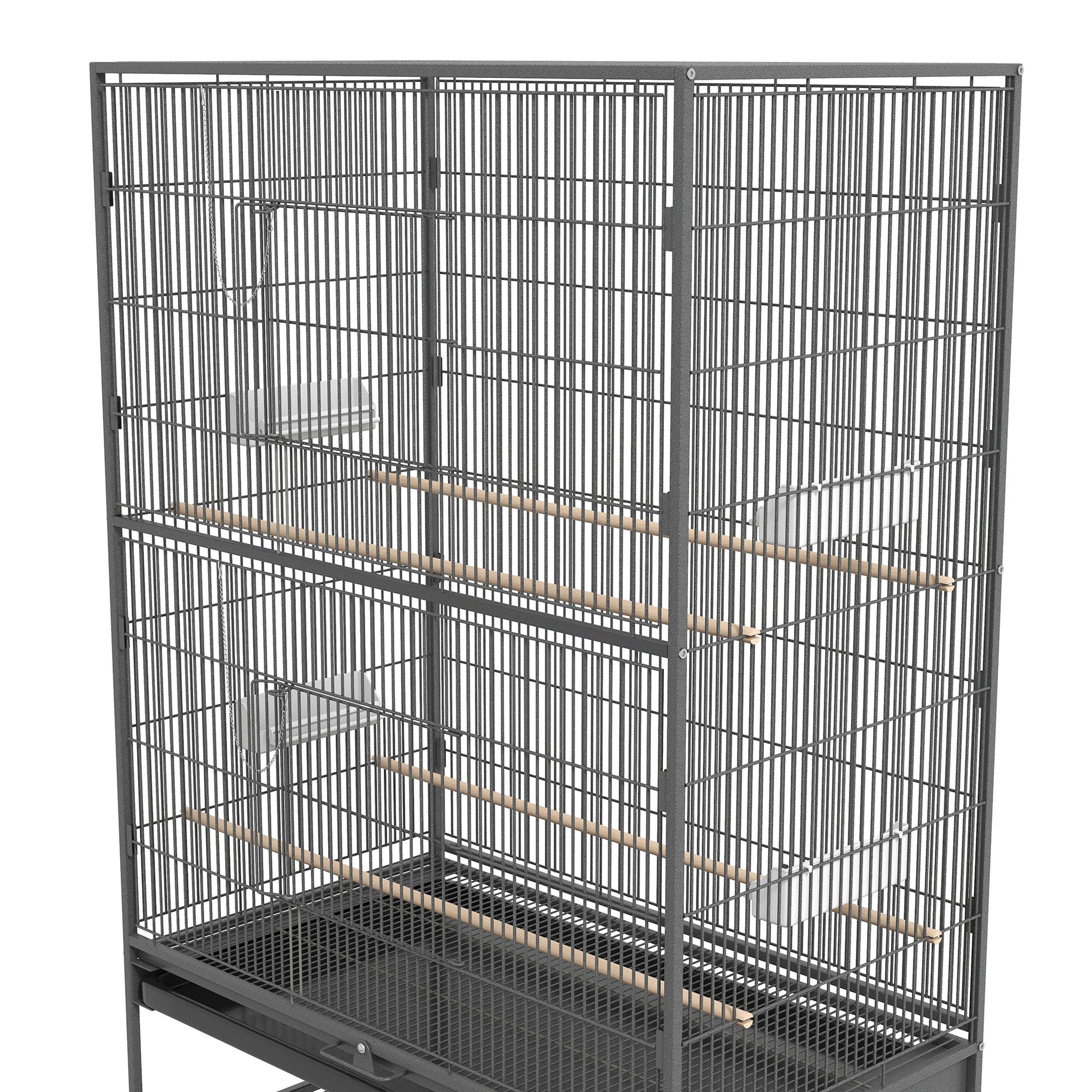 Birdcage Aviary with Perches, Birdhouse with Shelf, Bottom Tray, Doors, Wheels, for Small Birds, Steel, Gray, 94 x 57 x 153 cm