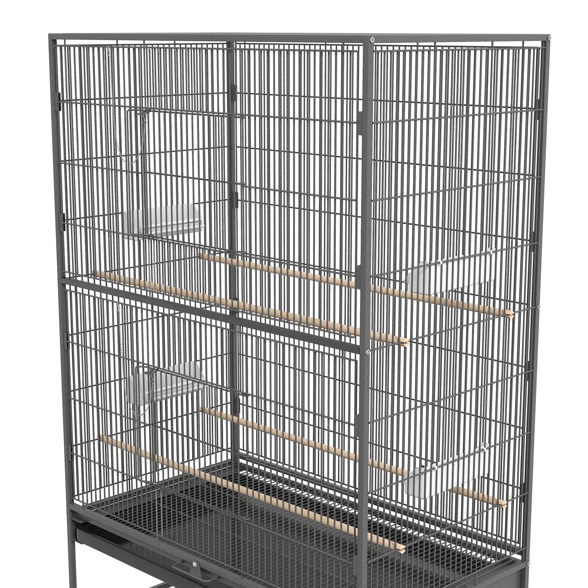 Birdcage Aviary with Perches, Birdhouse with Shelf, Bottom Tray, Doors, Wheels, for Small Birds, Steel, Gray, 94 x 57 x 153 cm