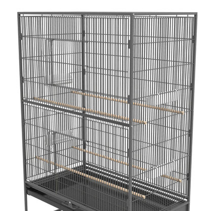 Birdcage Aviary with Perches, Birdhouse with Shelf, Bottom Tray, Doors, Wheels, for Small Birds, Steel, Gray, 94 x 57 x 153 cm