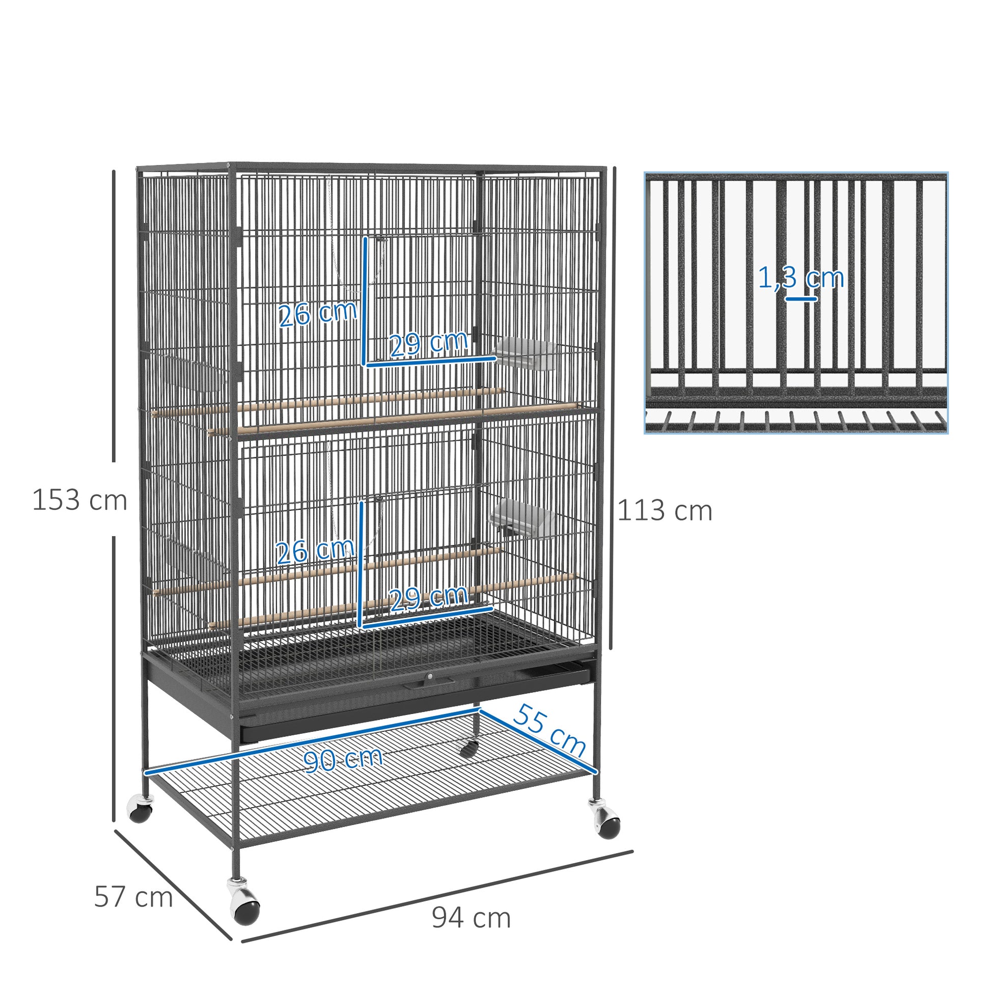 Birdcage Aviary with Perches, Birdhouse with Shelf, Bottom Tray, Doors, Wheels, for Small Birds, Steel, Gray, 94 x 57 x 153 cm