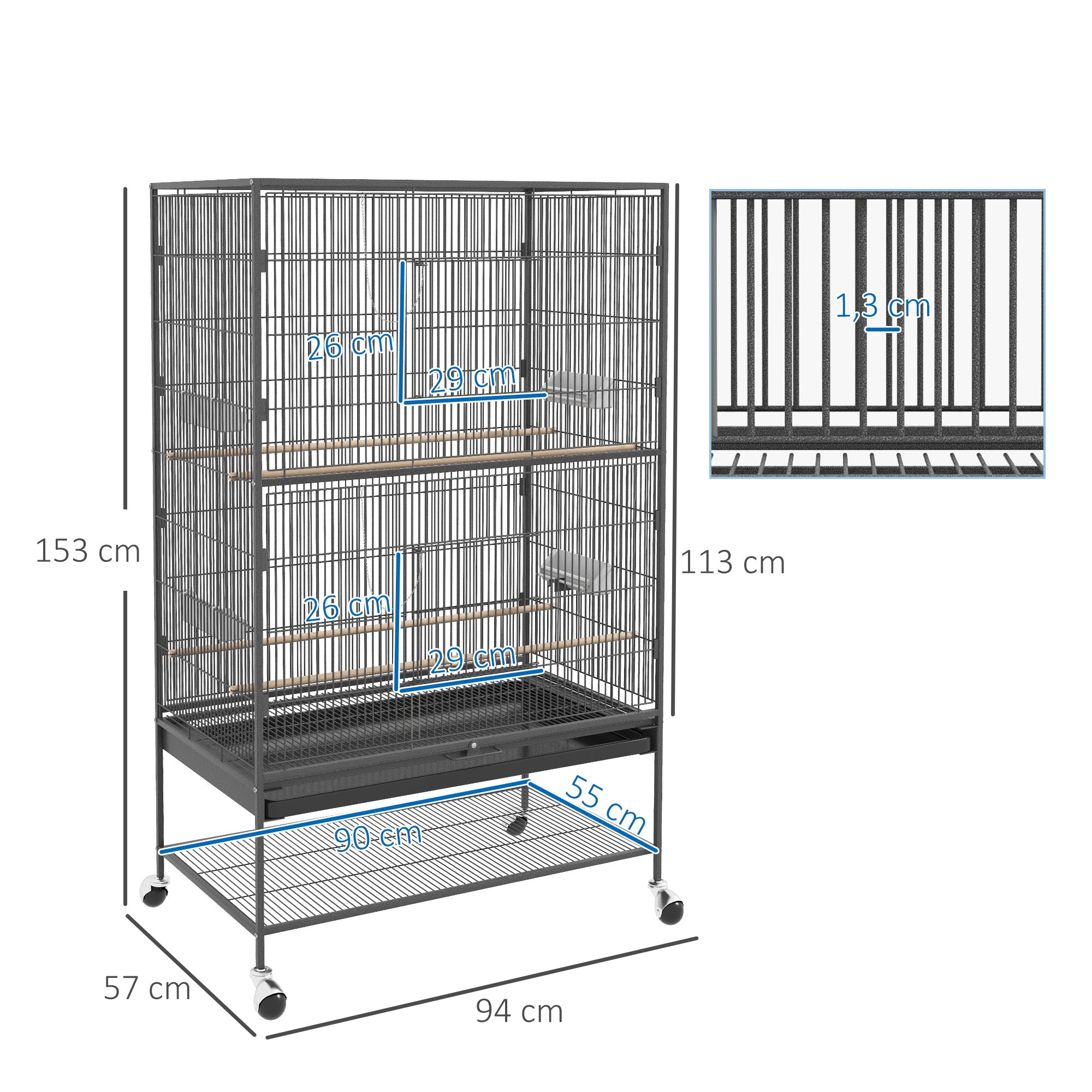 Birdcage Aviary with Perches, Birdhouse with Shelf, Bottom Tray, Doors, Wheels, for Small Birds, Steel, Gray, 94 x 57 x 153 cm