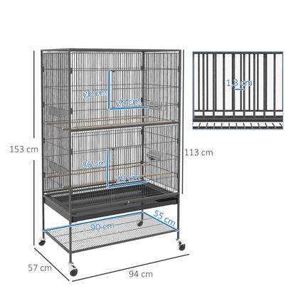 Birdcage Aviary with Perches, Birdhouse with Shelf, Bottom Tray, Doors, Wheels, for Small Birds, Steel, Gray, 94 x 57 x 153 cm