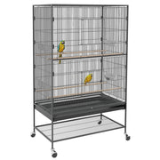 Birdcage Aviary with Perches, Birdhouse with Shelf, Bottom Tray, Doors, Wheels, for Small Birds, Steel, Gray, 94 x 57 x 153 cm