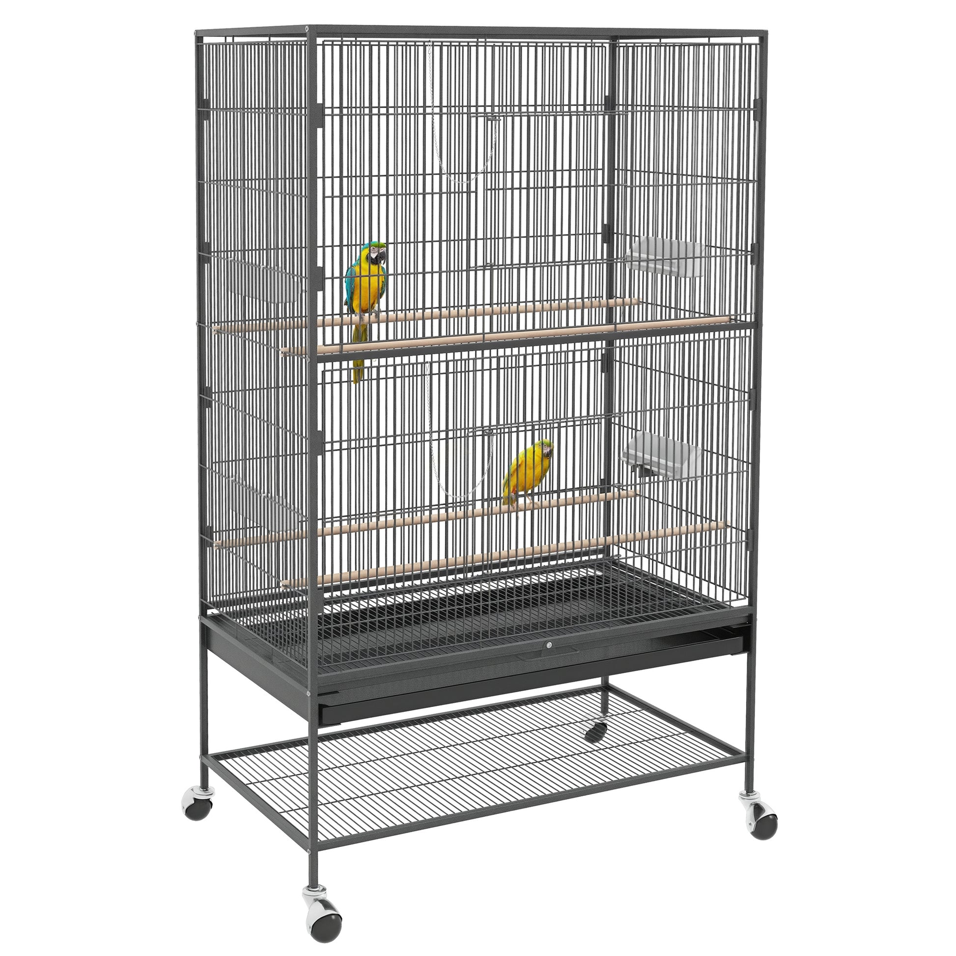 Birdcage Aviary with Perches, Birdhouse with Shelf, Bottom Tray, Doors, Wheels, for Small Birds, Steel, Gray, 94 x 57 x 153 cm