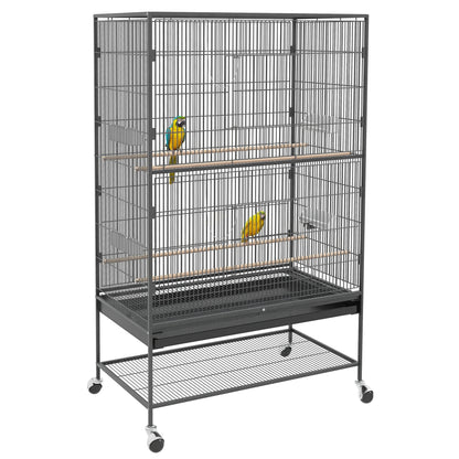 Birdcage Aviary with Perches, Birdhouse with Shelf, Bottom Tray, Doors, Wheels, for Small Birds, Steel, Gray, 94 x 57 x 153 cm