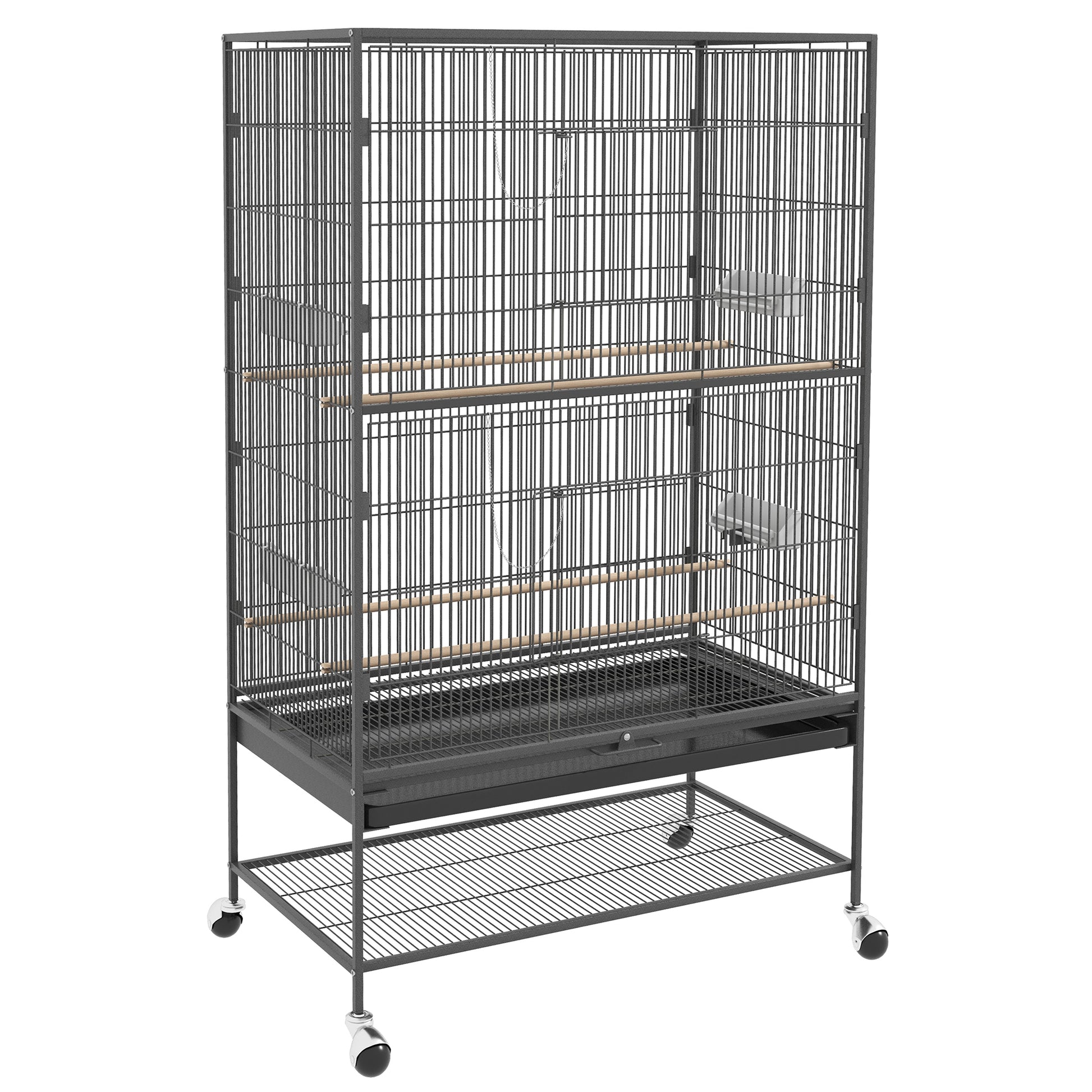 Birdcage Aviary with Perches, Birdhouse with Shelf, Bottom Tray, Doors, Wheels, for Small Birds, Steel, Gray, 94 x 57 x 153 cm