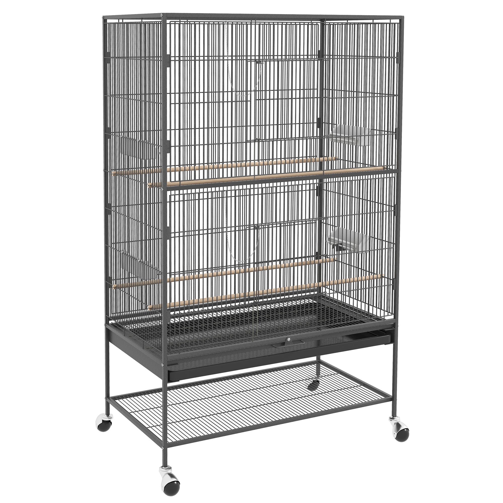 Birdcage Aviary with Perches, Birdhouse with Shelf, Bottom Tray, Doors, Wheels, for Small Birds, Steel, Gray, 94 x 57 x 153 cm