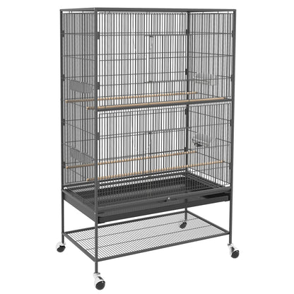 Birdcage Aviary with Perches, Birdhouse with Shelf, Bottom Tray, Doors, Wheels, for Small Birds, Steel, Gray, 94 x 57 x 153 cm