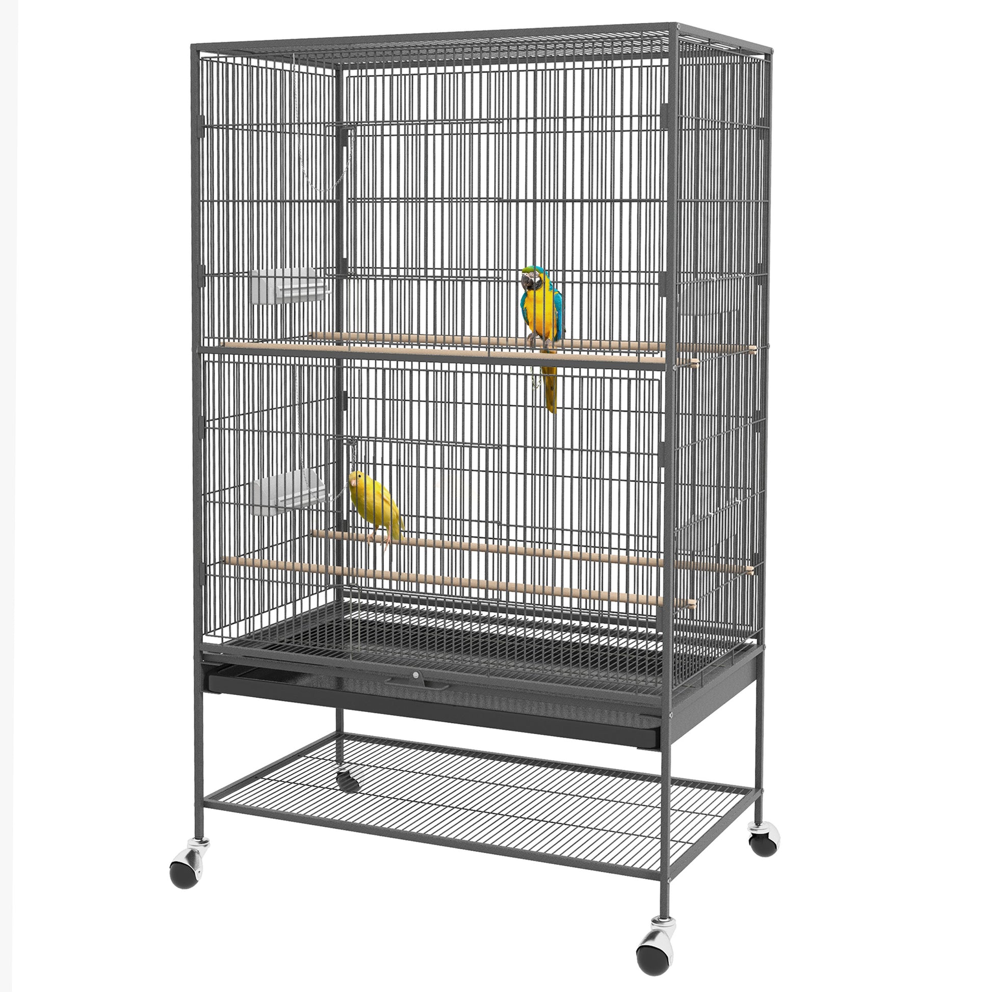 Birdcage Aviary with Perches, Birdhouse with Shelf, Bottom Tray, Doors, Wheels, for Small Birds, Steel, Gray, 94 x 57 x 153 cm